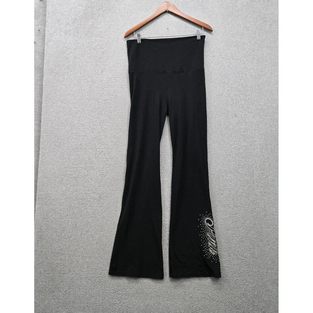 PINK Victoria's Secret Women Activewear Pants M Black Flare Yoga Logo Glitter